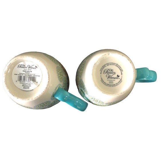 Pioneer Woman ROSE SHADOW Teal Floral Stoneware 24oz Jumbo Latte Cups Mugs Set 2 - Picture 5 of 7